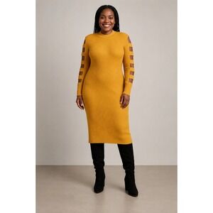Blue Orchid Mustard Yellow‎ Ribbed Knit Ladder Sleeve Mock Neck Midi Dress L